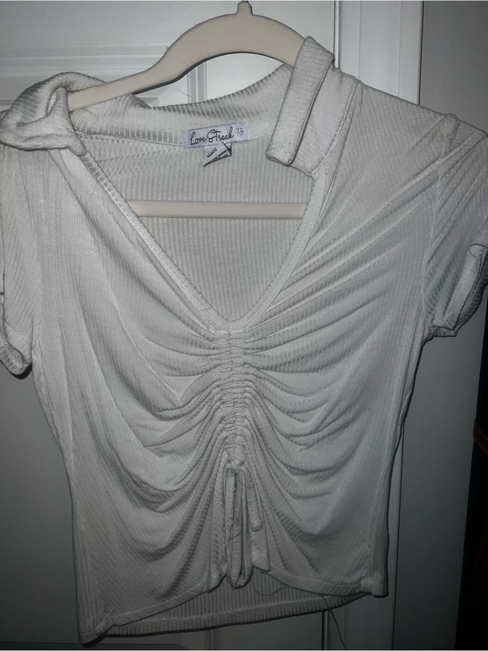 Love Tree White Ruched V-Neck Drawstring Crop Top